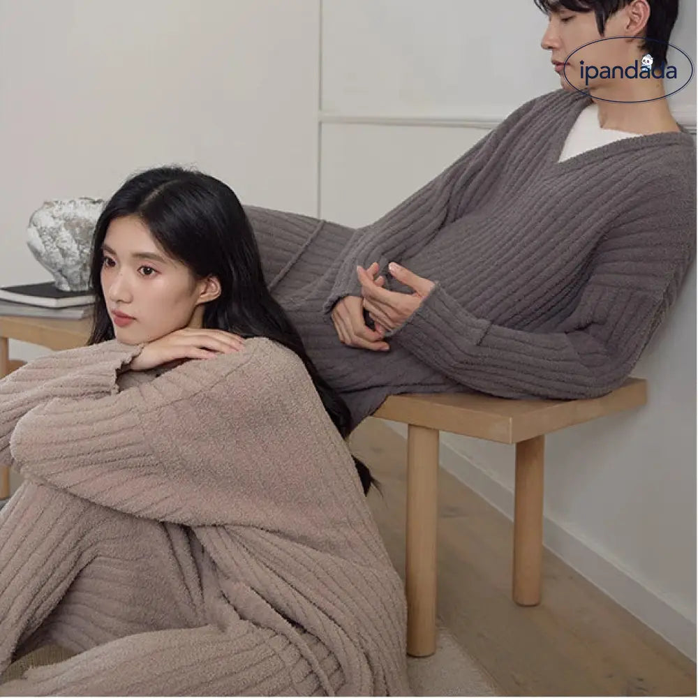 冬 カップル パジャマ 無地 フリース 厚手 ゆったり 休闲 2点セット メンズ レディース ルームウェア 無印 ID2947