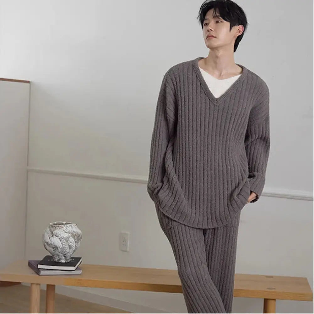 冬 カップル パジャマ 無地 フリース 厚手 ゆったり 休闲 2点セット メンズ レディース ルームウェア 無印 ID2947 男性 グレー / レディースＭ