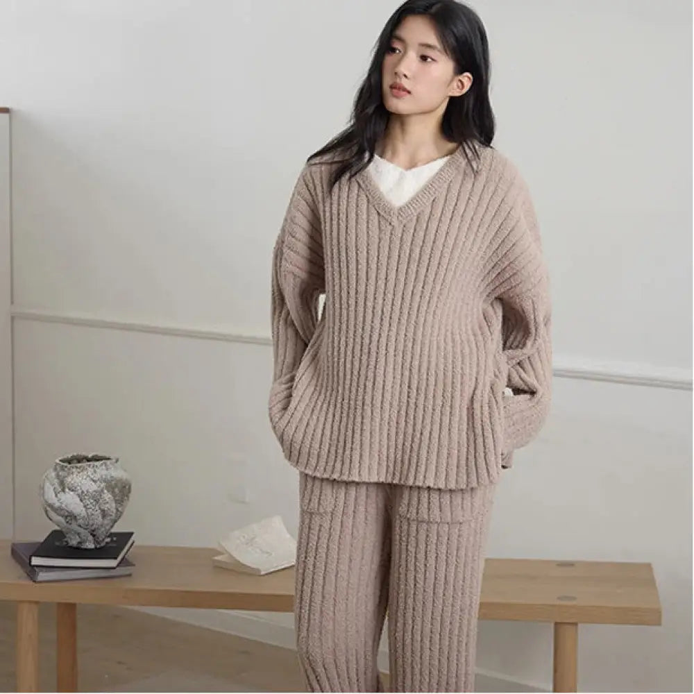 冬 カップル パジャマ 無地 フリース 厚手 ゆったり 休闲 2点セット メンズ レディース ルームウェア 無印 ID2947 女性 ベージュ / レディースＭ