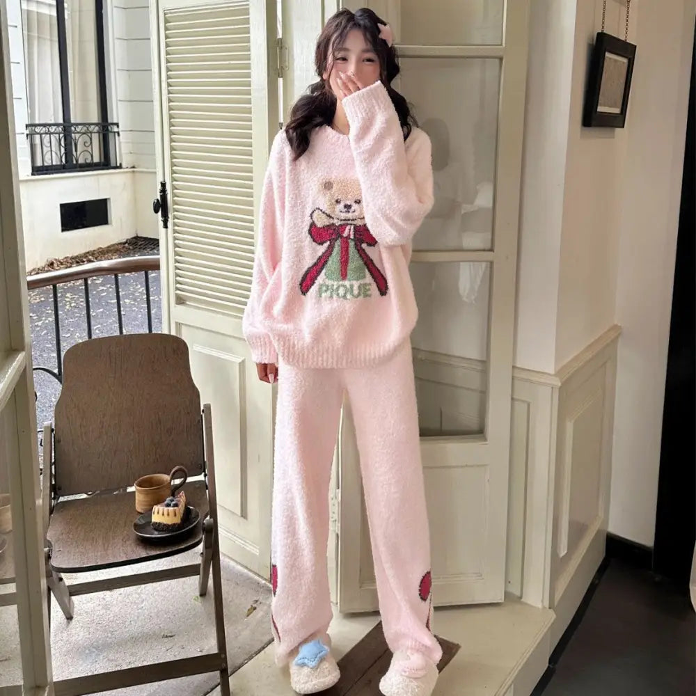 秋冬 可愛い 蝶々 小熊 ふわふわ レディース ゆったり ルームウェア パジャマ セット ID3068 ピンク / フリー