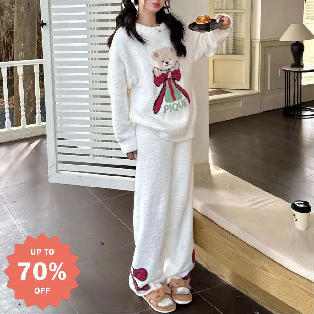 秋冬 可愛い 蝶々 小熊 ふわふわ レディース ゆったり ルームウェア パジャマ セット ID3068