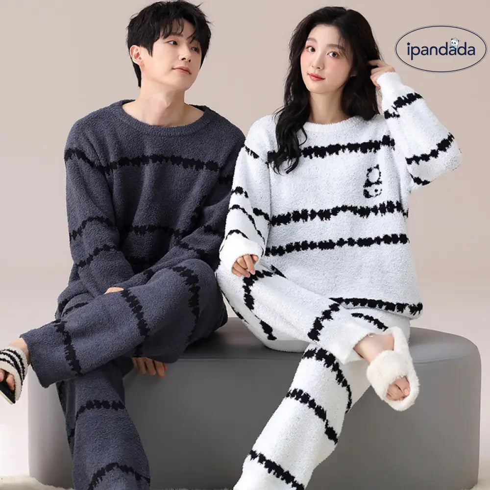 カップル パジャマ 秋冬 男性 シンプル ストライプ セット 冬 韓国版 コーラルフリース 女性用 ルームウェア ハーフフリース ID2940