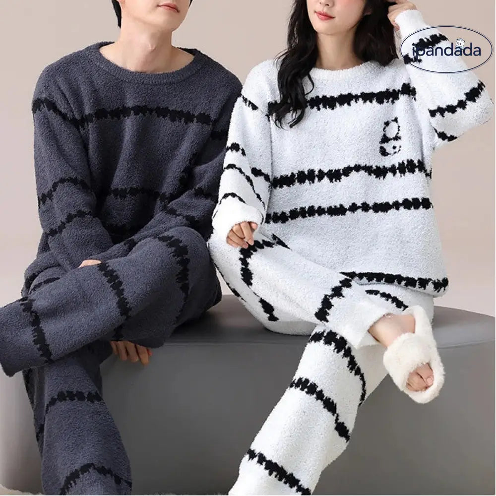 カップル パジャマ 秋冬 男性 シンプル ストライプ セット 冬 韓国版 コーラルフリース 女性用 ルームウェア ハーフフリース ID2940