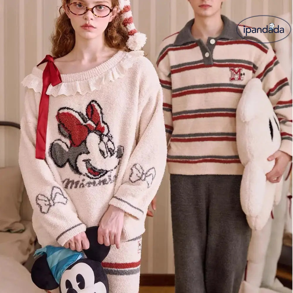 パジャマ レディース 秋冬 フリース オフショルダー ワイドネック キャラクター 家庭用セット 柔らかく 暖かい あったか もこもこ カップル クリスマス ギフト ID3162 コーディネート＞ペアルック