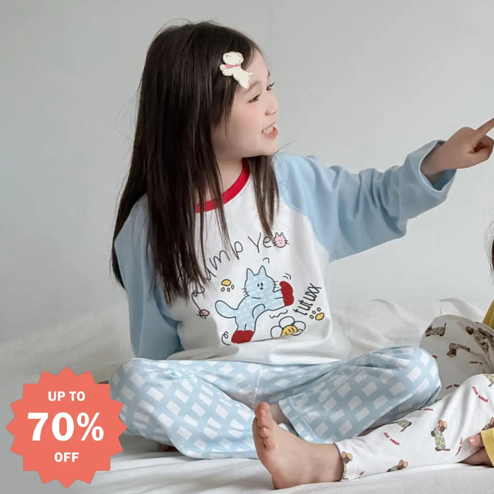 子供服 ファン プリント 女の子 天然 肌ざわり良好 綿100% キャラクター ホームウェア セットアップ カジュアル ゆったり ベビー パジャマ 快適 ID4012 ブルー / 90cm ベビー＆キッズ