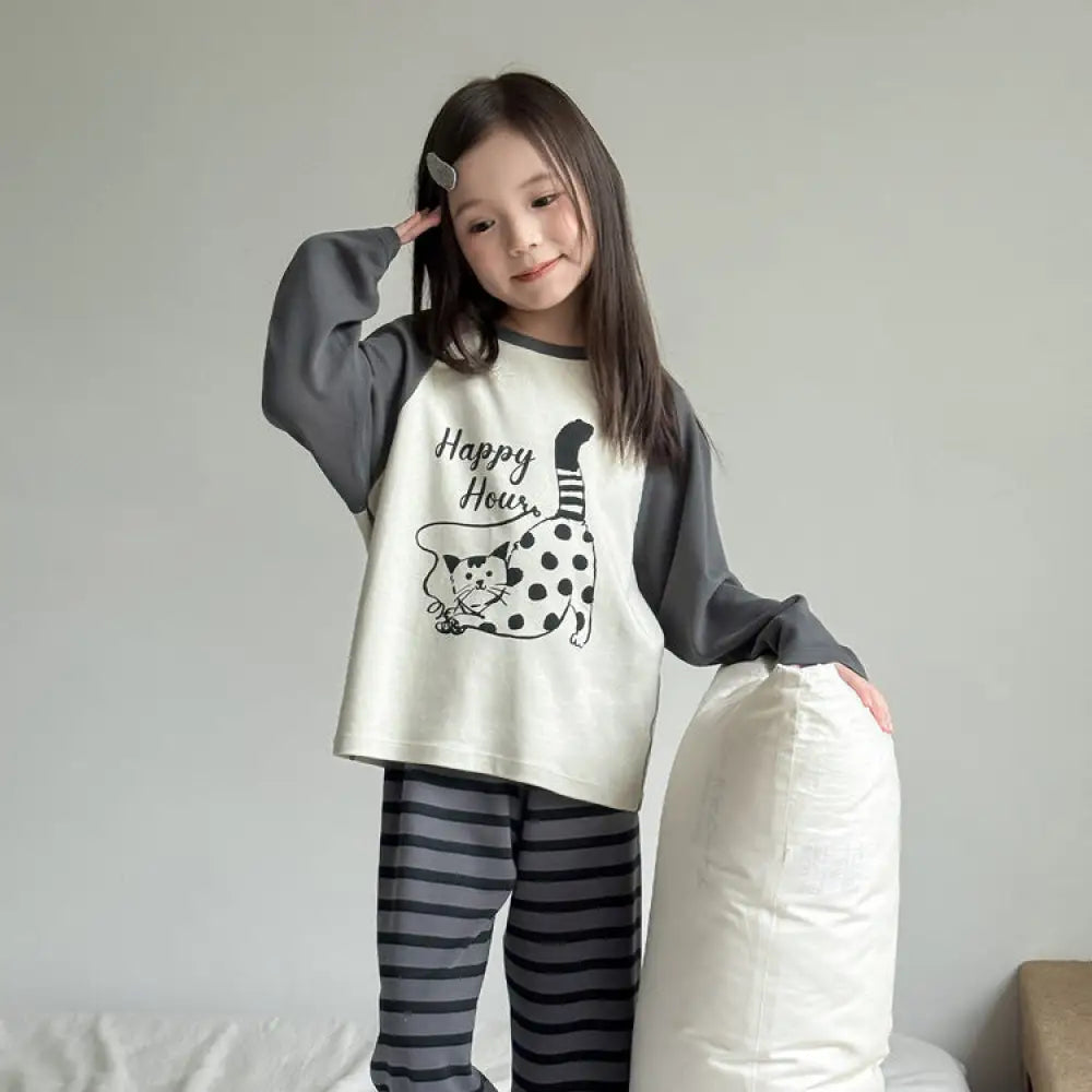 子供服 ファン プリント 女の子 天然 肌ざわり良好 綿100% キャラクター ホームウェア セットアップ カジュアル ゆったり ベビー パジャマ 快適 ID4012 グレー / 90cm ベビー＆キッズ