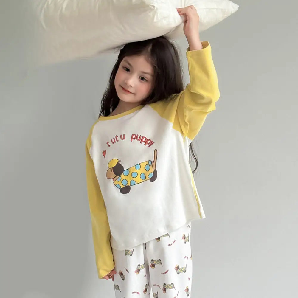 子供服 ファン プリント 女の子 天然 肌ざわり良好 綿100% キャラクター ホームウェア セットアップ カジュアル ゆったり ベビー パジャマ 快適 ID4012 イエロー / 90cm ベビー＆キッズ