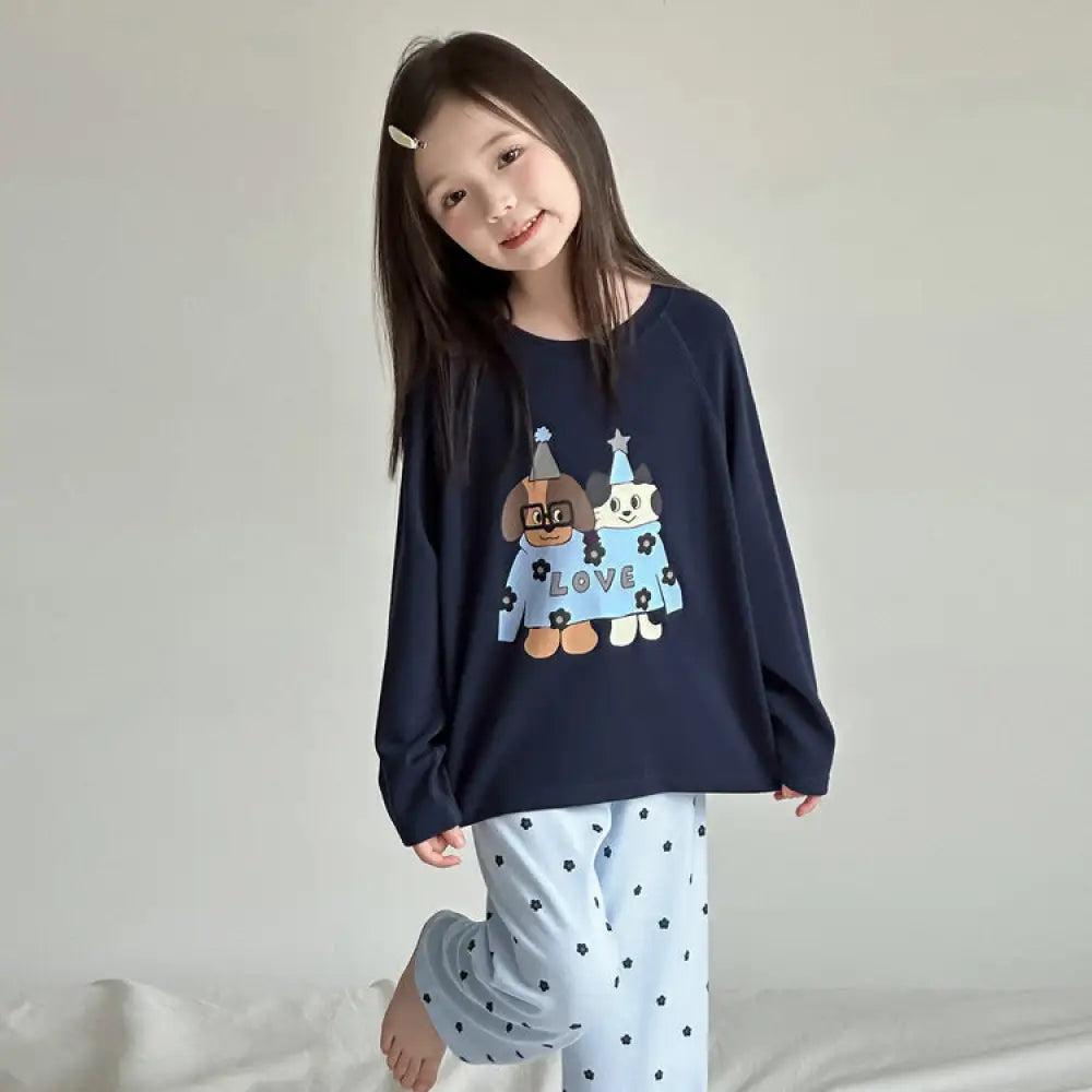 子供服 ファン プリント 女の子 天然 肌ざわり良好 綿100% キャラクター ホームウェア セットアップ カジュアル ゆったり ベビー パジャマ 快適 ID4012 ネイビー / 90cm ベビー＆キッズ