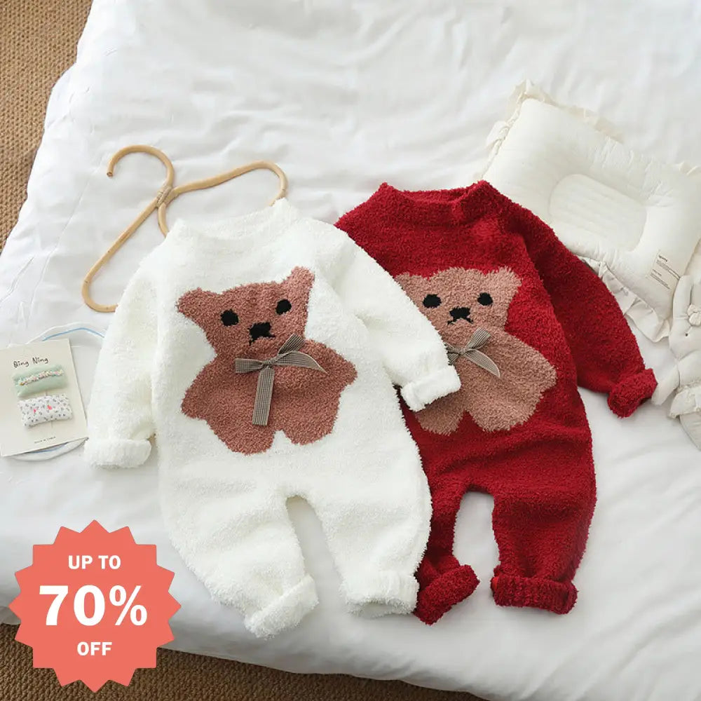 ベビー ロンパース 赤色 セーター 半分 フリース ルームウェア  男の子 女の子 オールインワン ID2945