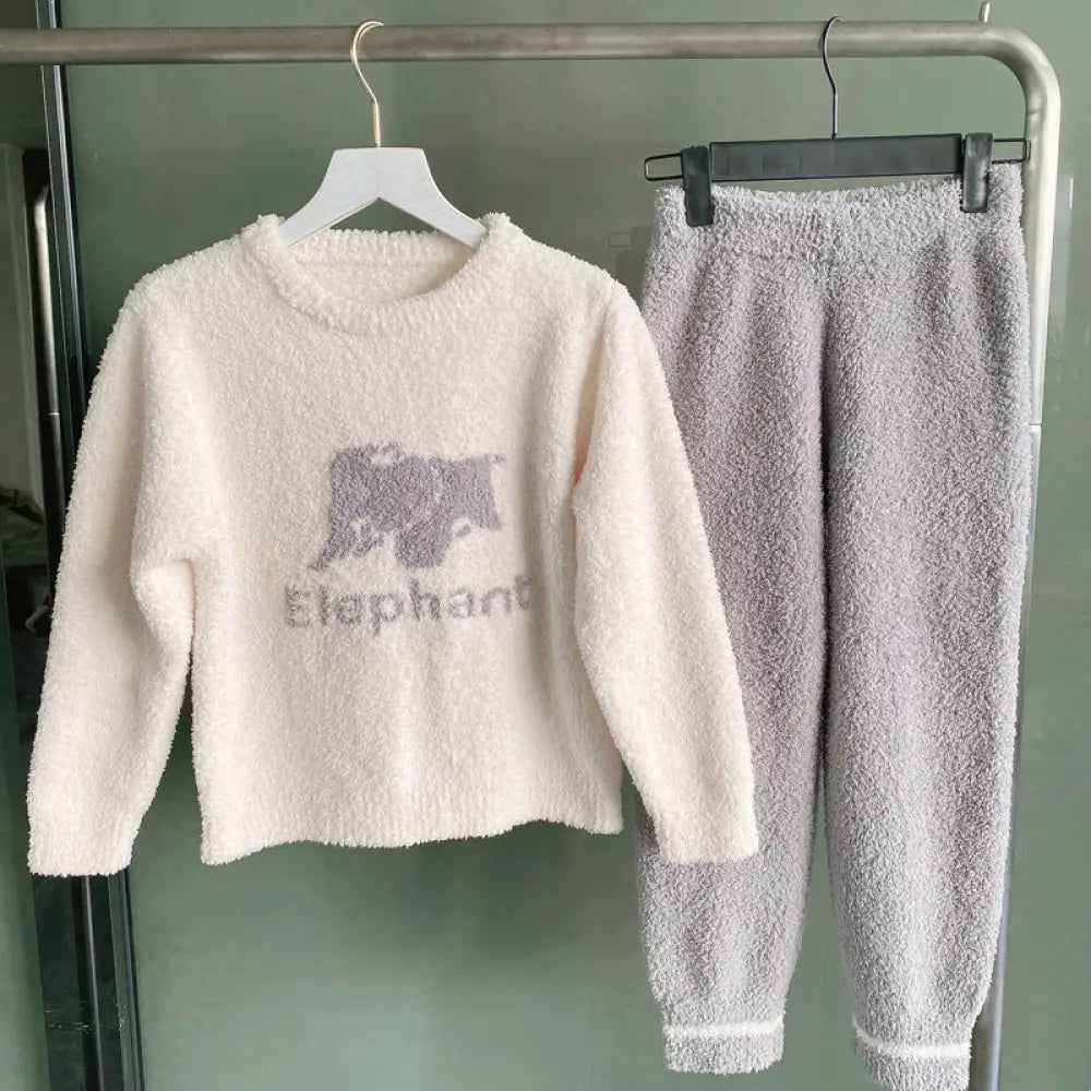 ふわふわ パジャマ カートゥーン 象 子供用 秋冬用 裏起毛 厚手 ルームウェア ID3639 ホワイト / XS