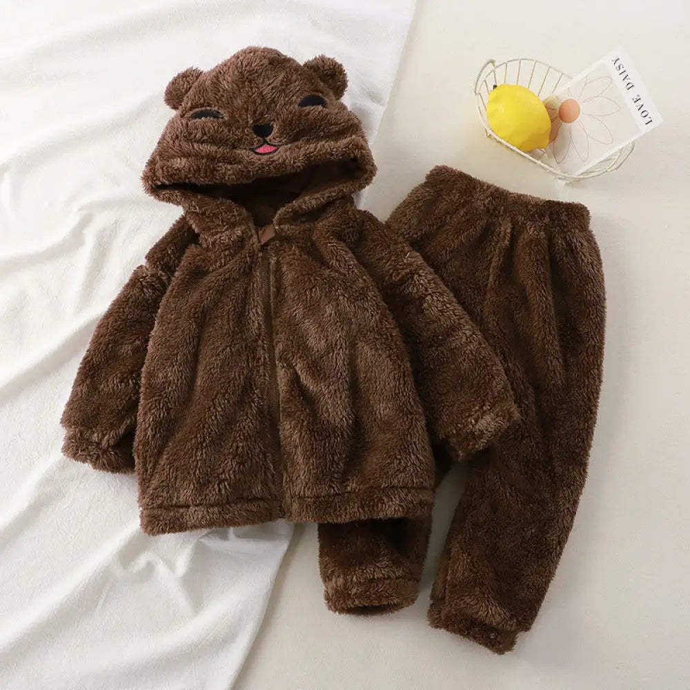 子供 秋冬 新作 フランネル フード付き 部屋着 セット 男女 ベビー パンダ 可愛い モコモコ セーター 小さな 子供 パジャマ ID2521 ブラウン / 80cm