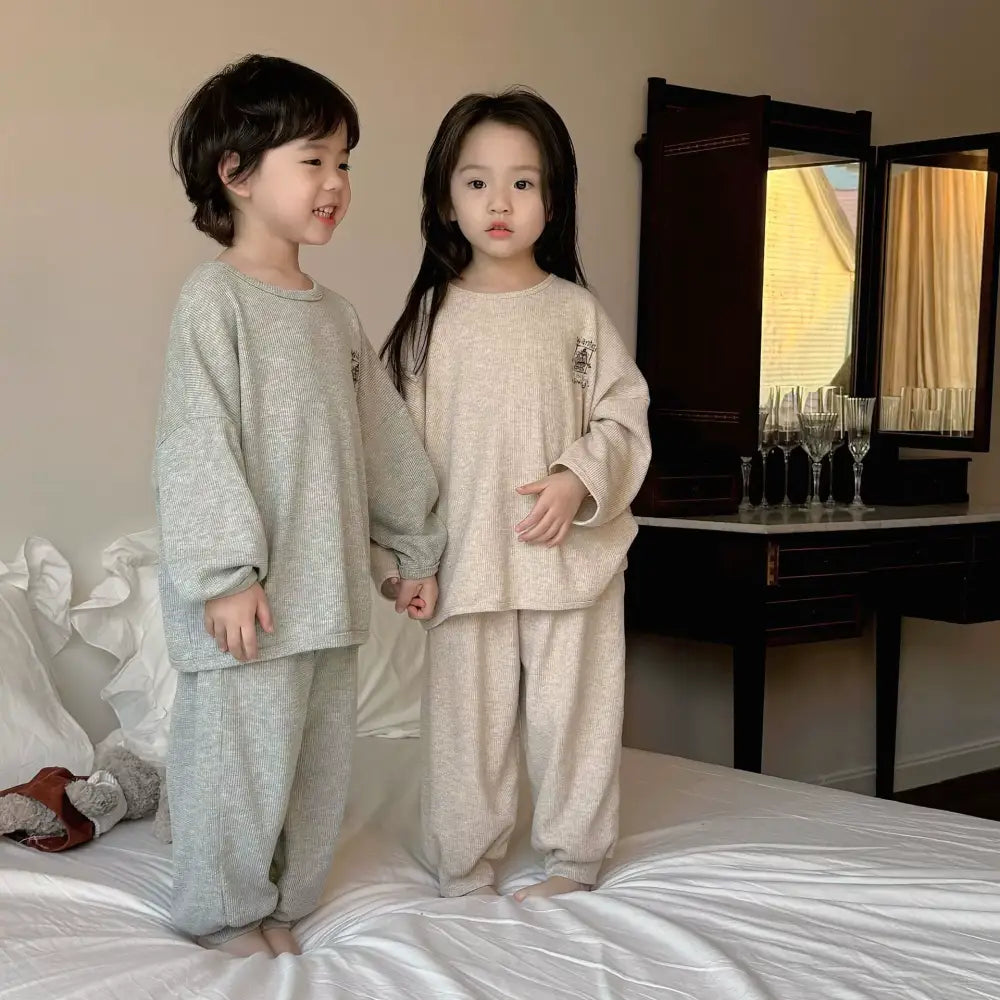 子供用 春秋 パジャマ 男の子 女の子 秋シーズン ベビー用 2025年新作 ワッフル生地 通気性の良い パジャマ 男女兼用 ID2281 ベージュ / 90cm