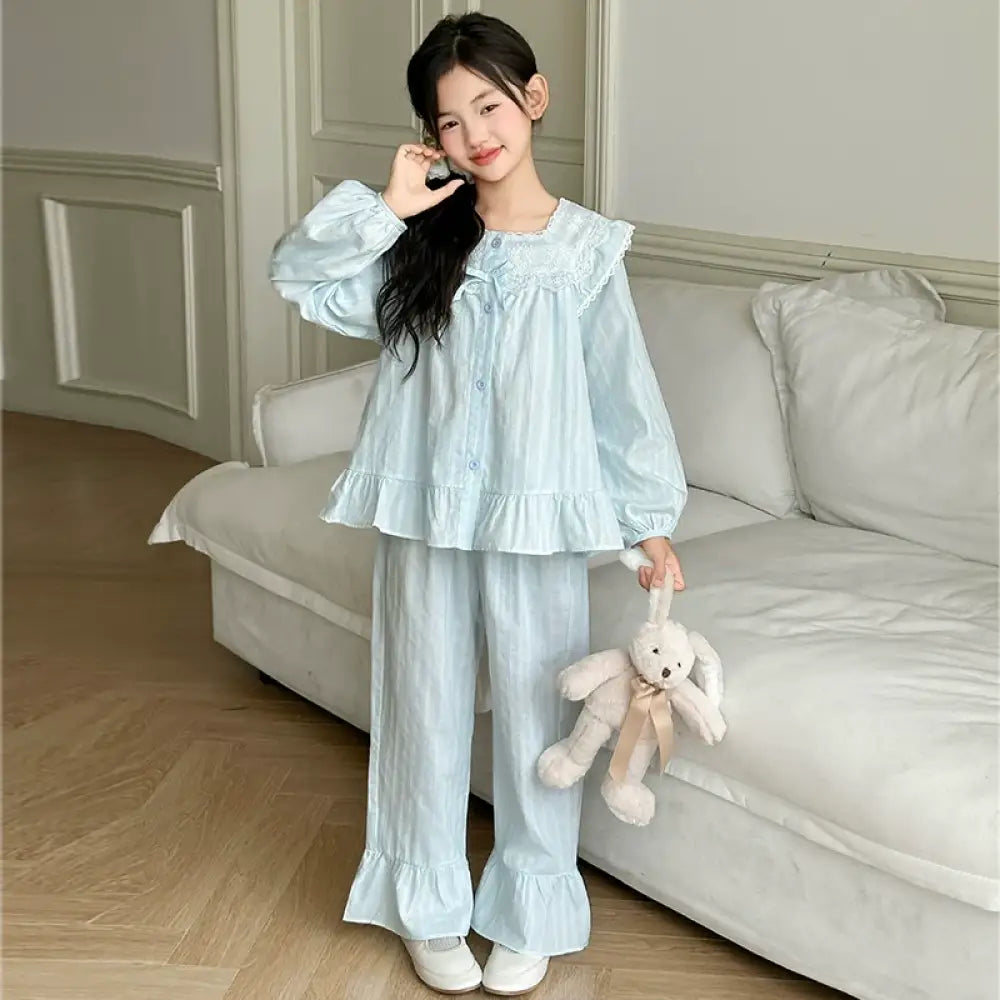 子供用 パジャマ ピュアコットン 大女の子 部屋着 春秋用 おしゃれ キッズ プリンセススタイル セット 全棉 ID2304 ブルー / 120cm