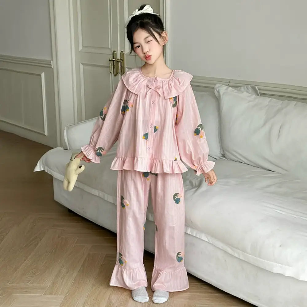 子供用 パジャマ ピュアコットン 大女の子 部屋着 春秋用 おしゃれ キッズ プリンセススタイル セット 全棉 ID2304 ピンク / 120cm