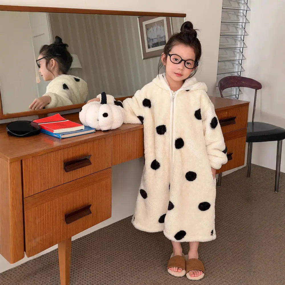 子供用 かわいい 保温 フリース コーラルフリース バスローブ 男女児 冬用 ダブルフリース フード付き ルームウェア ID3289 ホワイト / 90cm