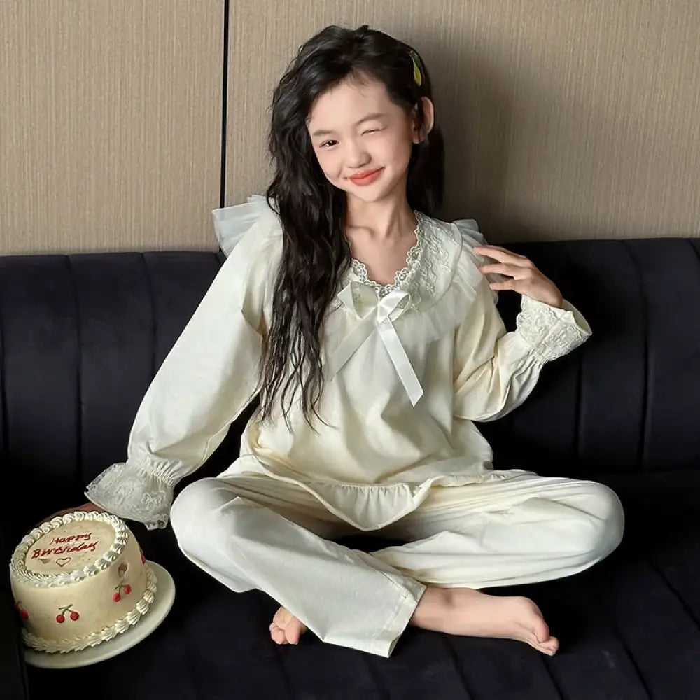 子供用 パジャマ 春秋 コットン 大女の子 ルームウェア 春 長袖 子供用 オールコットン セット おしゃれ 部屋着 ID2294 ベージュ / 120cm