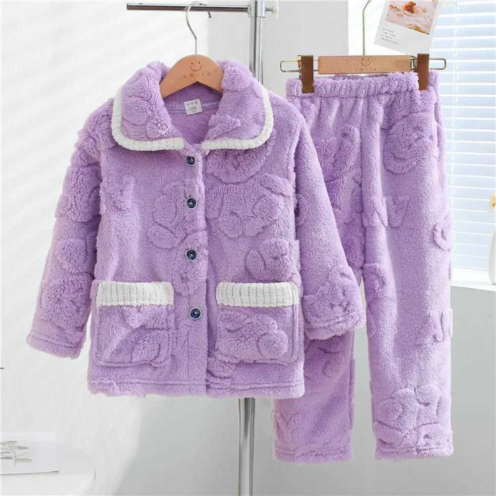 子供 パジャマ 女の子 秋冬 加フリース 厚手 コーラルフリース 保温 大きいサイズ 女の子 フランネル 部屋着 ID2522 パープル / 80-90cm