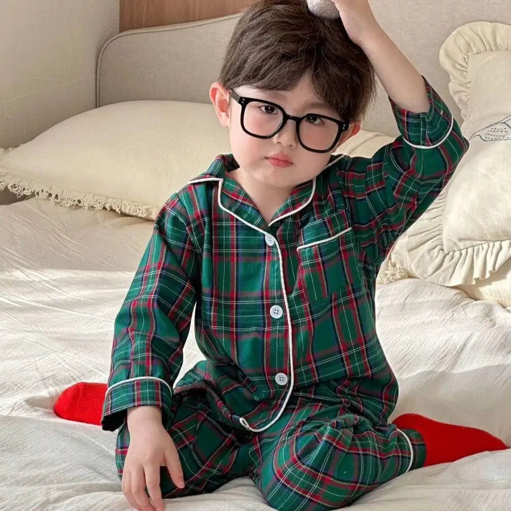 子供用 パジャマセット チェック柄 クリスマス 秋冬 長袖 ベビー ホームウェア 柔らかくて快適 ID2972 グリーン / 80cm