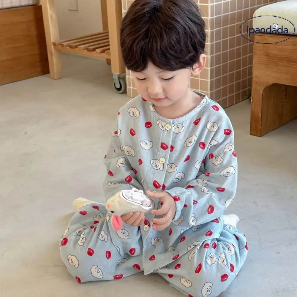 子ども用 二重ガーゼ パジャマセット 長袖 綿100% 通気性抜群 エアコン対応  吸湿速乾 抗菌加工 90-140cm 動物プリント　 ID1954