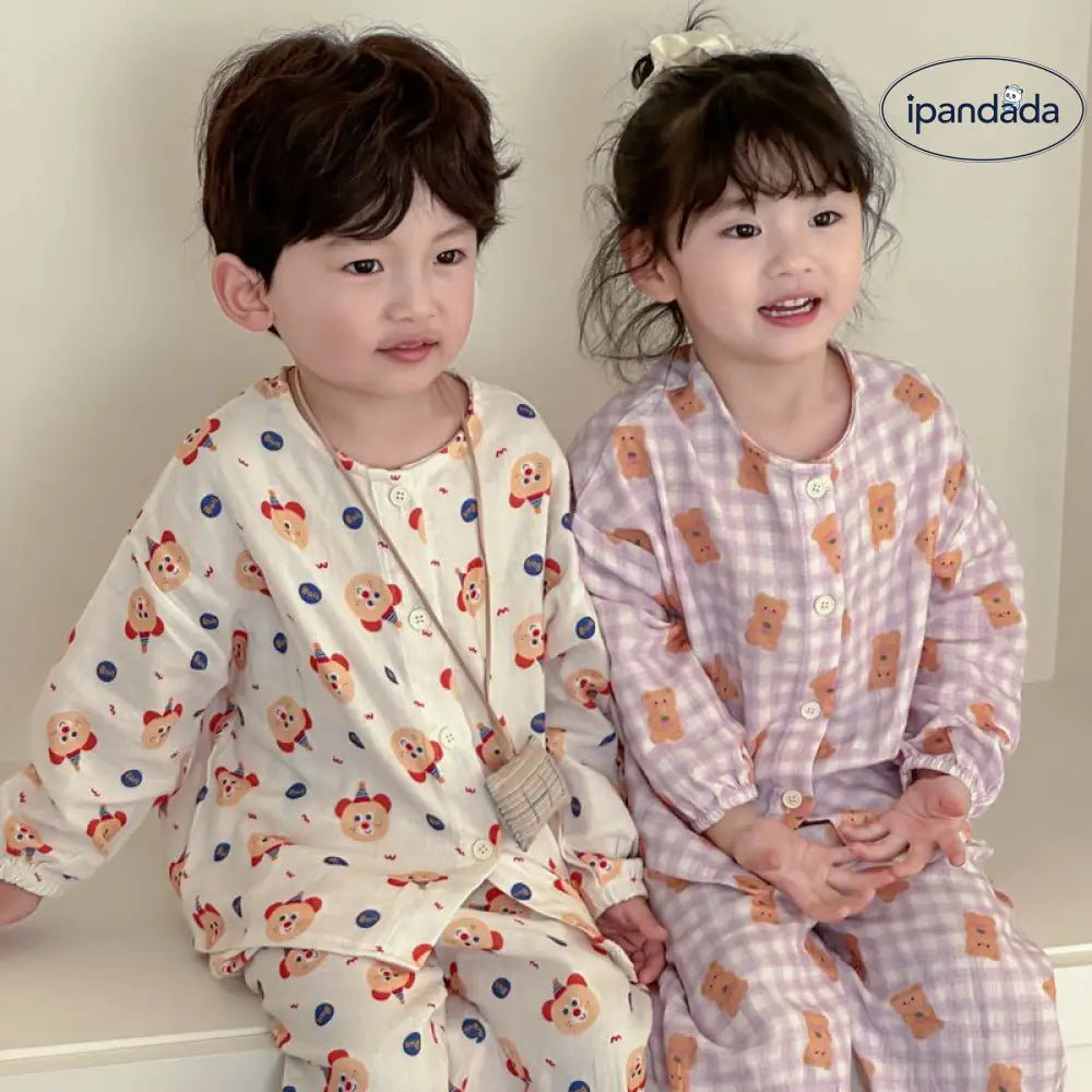 子ども用 二重ガーゼ パジャマセット 長袖 綿100% 通気性抜群 エアコン対応  吸湿速乾 抗菌加工 90-140cm 動物プリント　 ID1954