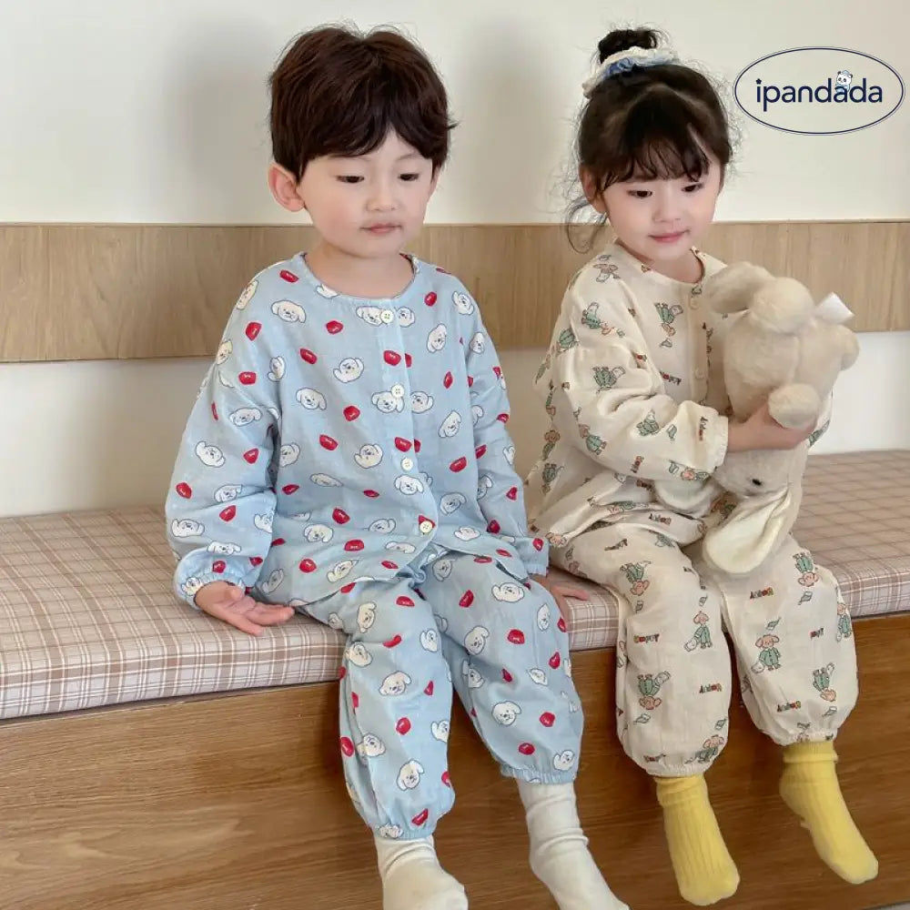 子ども用 二重ガーゼ パジャマセット 長袖 綿100% 通気性抜群 エアコン対応  吸湿速乾 抗菌加工 90-140cm 動物プリント　 ID1954
