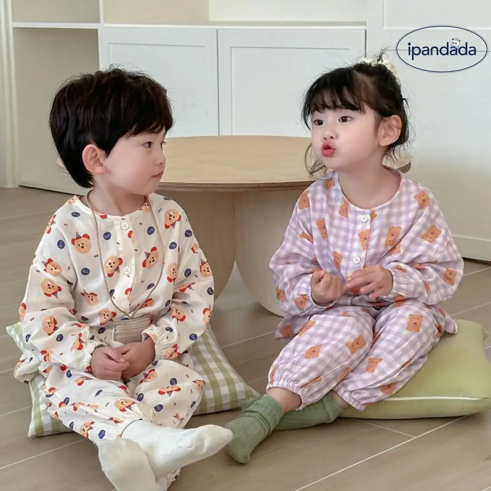 子ども用 二重ガーゼ パジャマセット 長袖 綿100% 通気性抜群 エアコン対応  吸湿速乾 抗菌加工 90-140cm 動物プリント　 ID1954