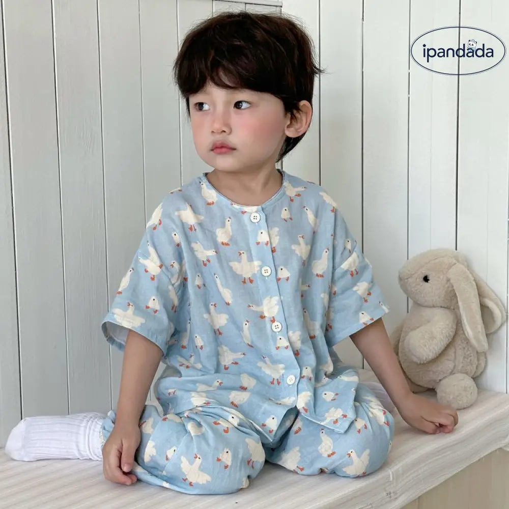 子ども用 二重ガーゼ パジャマセット 長袖 綿100% 通気性抜群 エアコン対応 吸湿速乾 抗菌加工 90-140cm 動物プリント ID1954 タイプ⑤ / 90cm ベビー＆キッズ