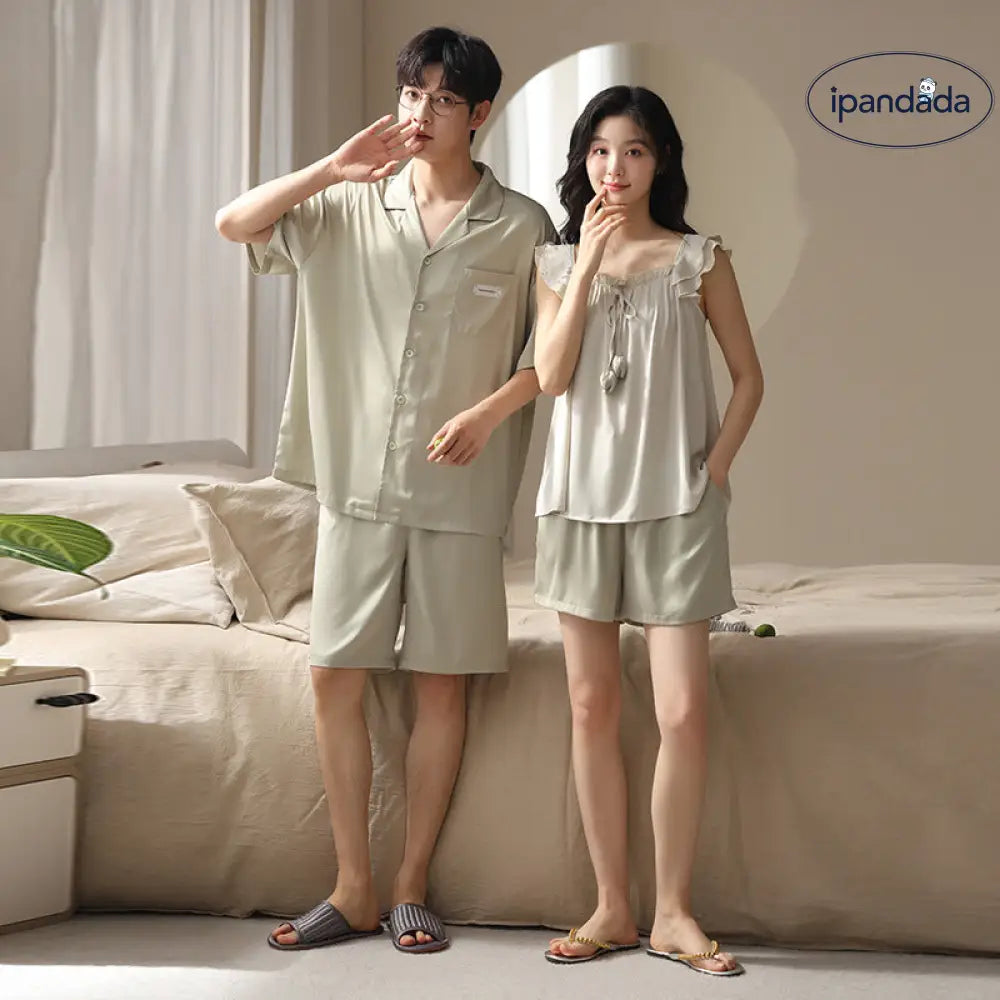 ID1033 【カップル用】夏用 涼感アイスシルク パジャマセット 男女兼用 半袖＆ショーツ お出かけ対応 シンプルデザイン カップル＞セットアップ
