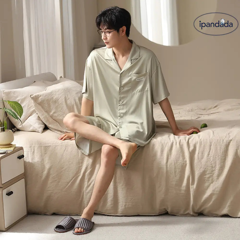 ID1033 【カップル用】夏用 涼感アイスシルク パジャマセット 男女兼用 半袖＆ショーツ お出かけ対応 シンプルデザイン メンズ / M カップル＞セットアップ