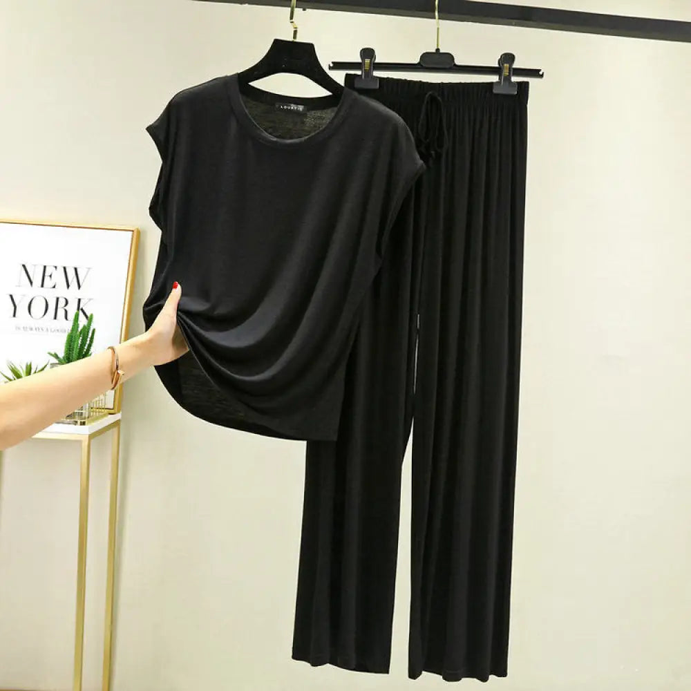 モダール綿 レディース ルームウェアセット パジャマ ワイドパンツ ゆったりサイズ 薄手 M-2XLサイズ ハウスウェア ID1987 ブラック / M レディース>セットアップ