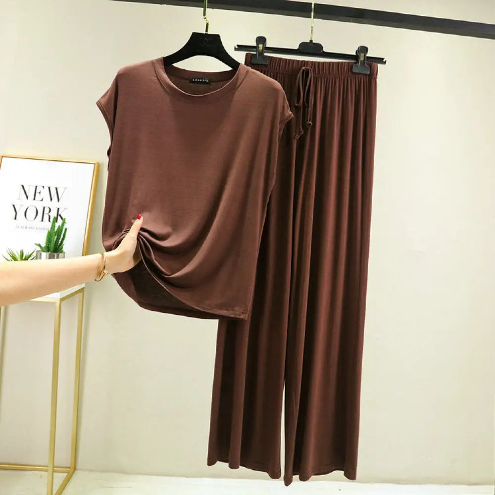 モダール綿 レディース ルームウェアセット パジャマ ワイドパンツ ゆったりサイズ 薄手 M-2XLサイズ ハウスウェア ID1987 ブラウン / M レディース>セットアップ