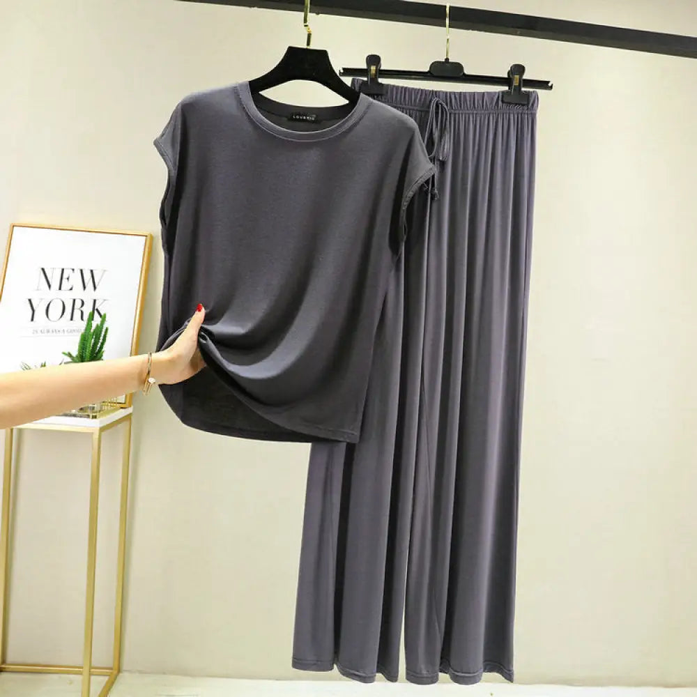 モダール綿 レディース ルームウェアセット パジャマ ワイドパンツ ゆったりサイズ 薄手 M-2XLサイズ ハウスウェア ID1987 ダークグレー / M レディース>セットアップ