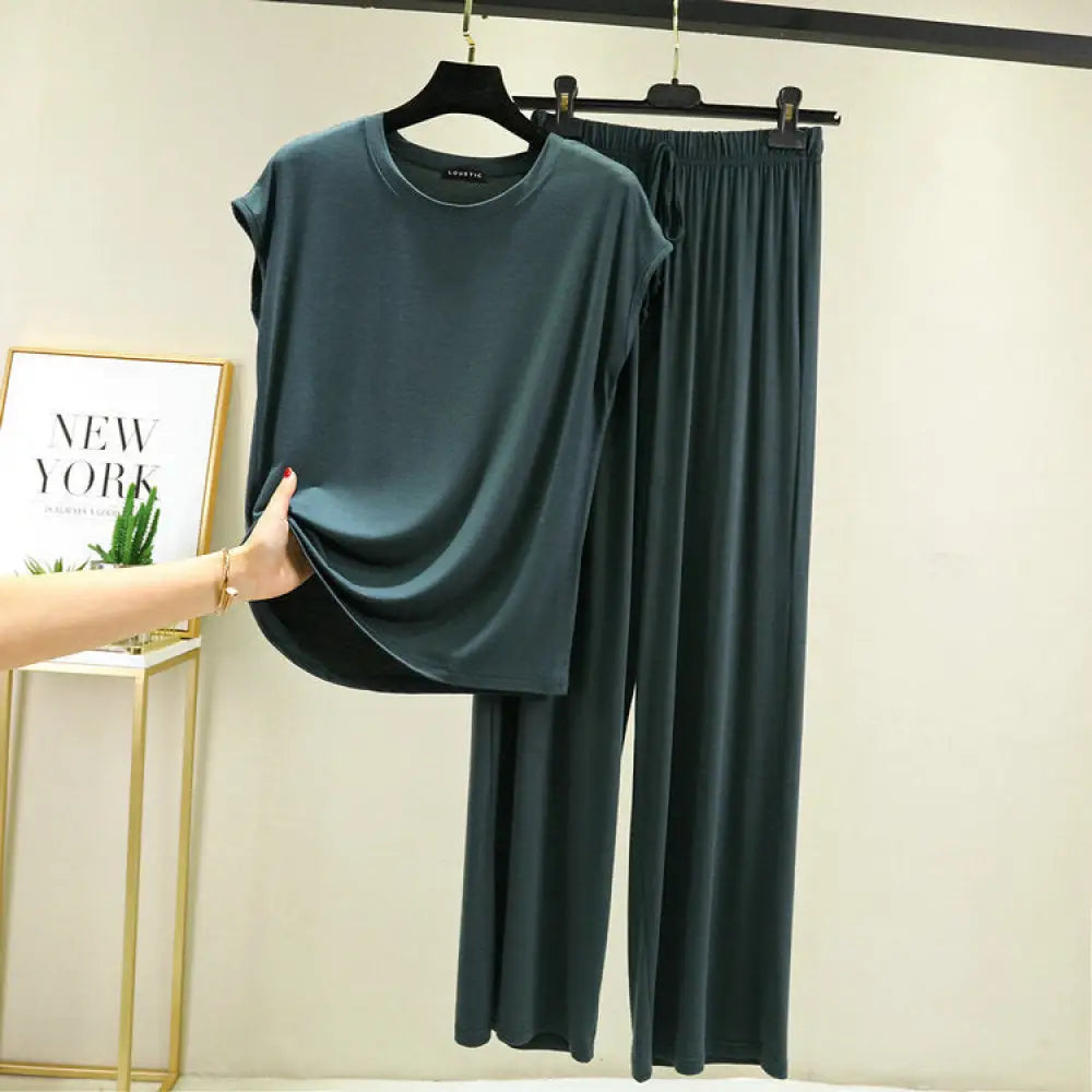 モダール綿 レディース ルームウェアセット パジャマ ワイドパンツ ゆったりサイズ 薄手 M-2XLサイズ ハウスウェア ID1987 グリーン / M レディース>セットアップ