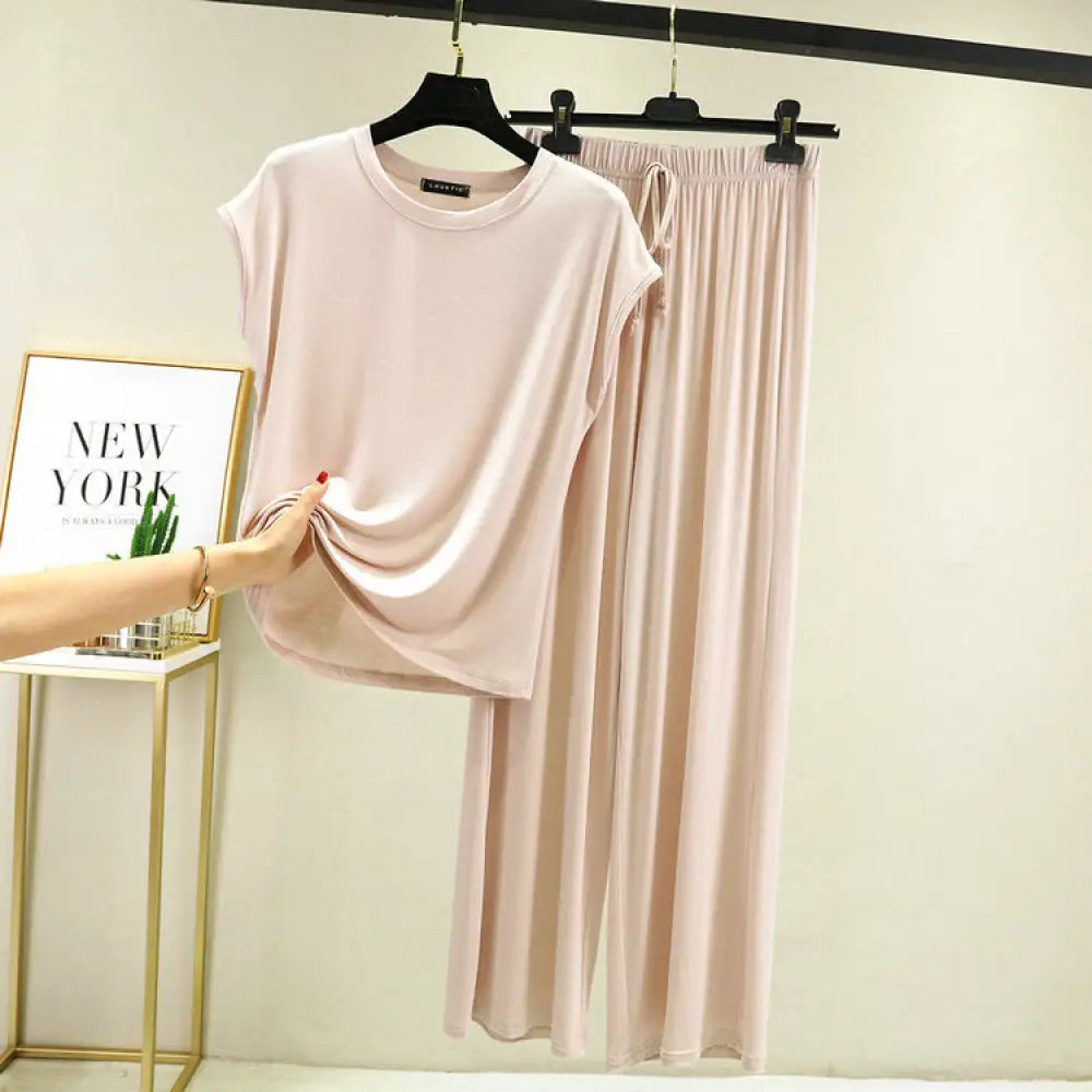 モダール綿 レディース ルームウェアセット パジャマ ワイドパンツ ゆったりサイズ 薄手 M-2XLサイズ ハウスウェア ID1987 肌の色 / M レディース>セットアップ