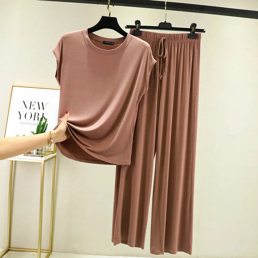 モダール綿 レディース ルームウェアセット パジャマ ワイドパンツ ゆったりサイズ 薄手 M-2XLサイズ ハウスウェア ID1987 カーキ / M レディース>セットアップ