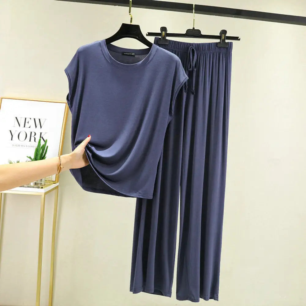 モダール綿 レディース ルームウェアセット パジャマ ワイドパンツ ゆったりサイズ 薄手 M-2XLサイズ ハウスウェア ID1987 ネイビー / M レディース>セットアップ