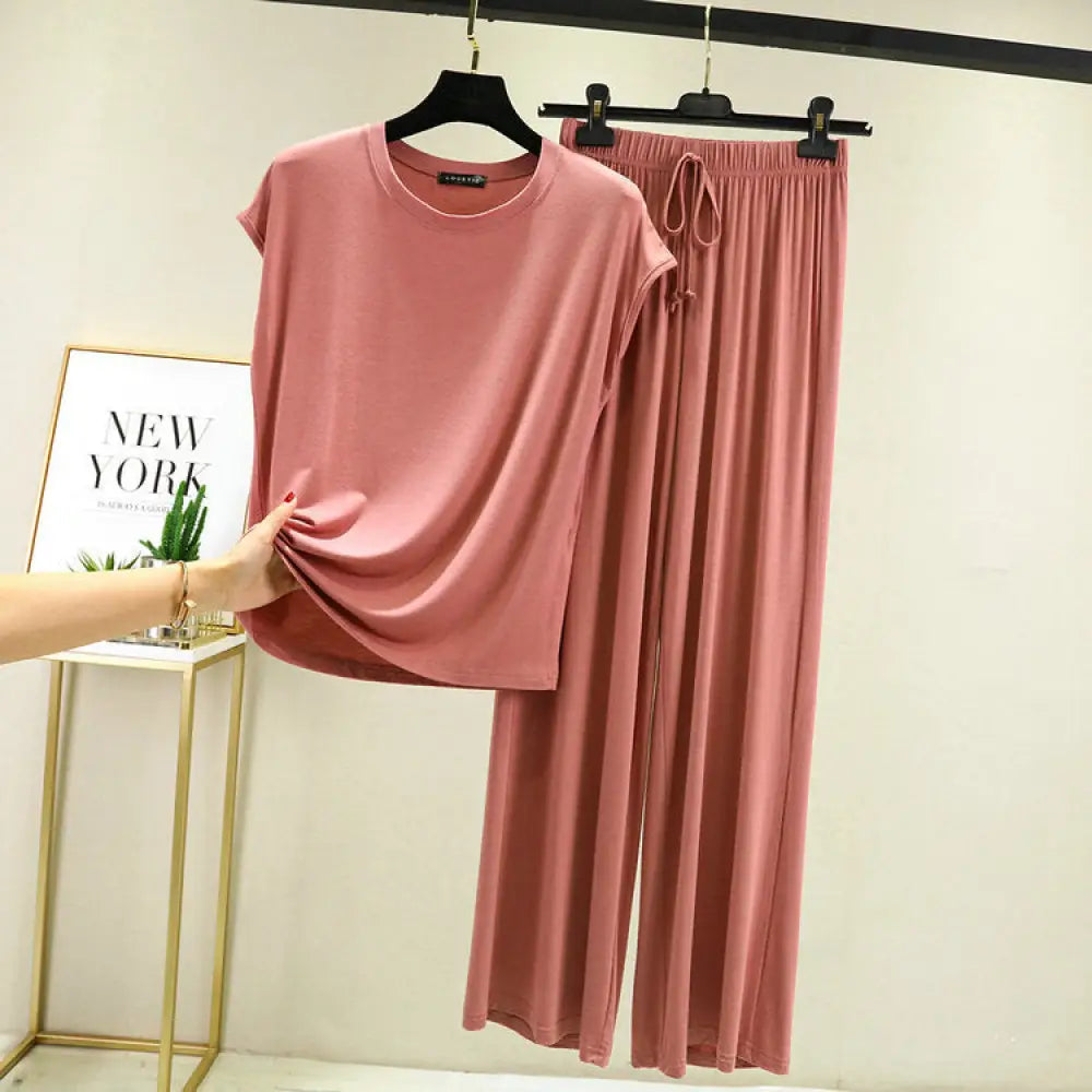 モダール綿 レディース ルームウェアセット パジャマ ワイドパンツ ゆったりサイズ 薄手 M-2XLサイズ ハウスウェア ID1987 ピンク / M レディース>セットアップ